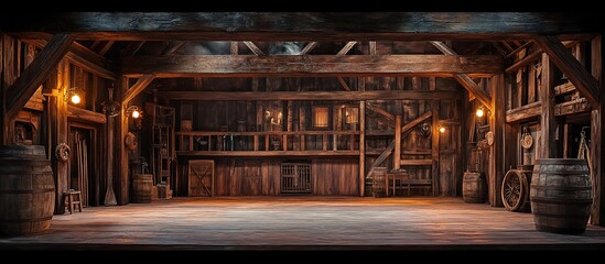 Rustic wooden barn with barrels.