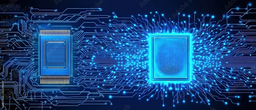 Poster close up of a complex printed circuit board with multiple circuits and electronic components visible