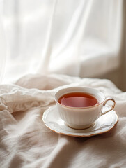 Cup of Tea on the Table. White Interior. Generative AI