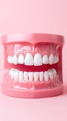 Obraz premium A pink model of a mouth displaying white teeth against a soft pink background, showcasing dental health and oral care.