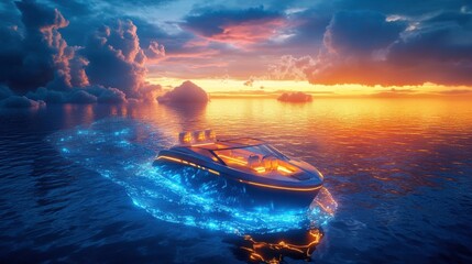 Fototapeta premium A stunning yacht glides through glowing waters at sunset, surrounded by vibrant clouds and a picturesque sky.