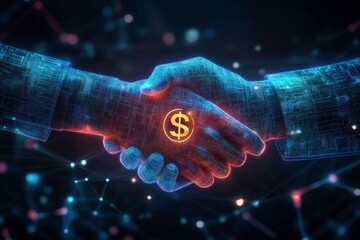 A digital handshake symbolizing partnership and financial agreement, highlighted by a glowing dollar sign.