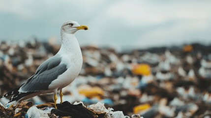 Naklejka premium Seagull Scavenging at Landfill Site in Search of Food