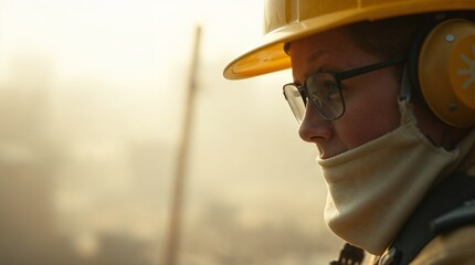Close-up of a firefighter wearing a helmet and protective gear with a focused expression
