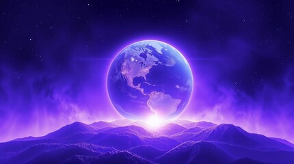 Mystical Earth glowing in purple light above layered mountains with starry background
