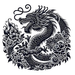 AI Generate of Mythical Dragon Shape Art Silhouette with Natural Element such as Wind, Tree, Water, Animal, Wood, Sun, Moon, isolate in white.
