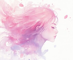 Serene Watercolor Portrait of a Woman with Flowing Hair