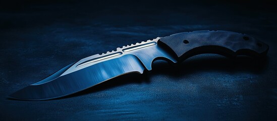 Obraz premium Sharp hunting knife with black handle, metallic blade on dark surface.