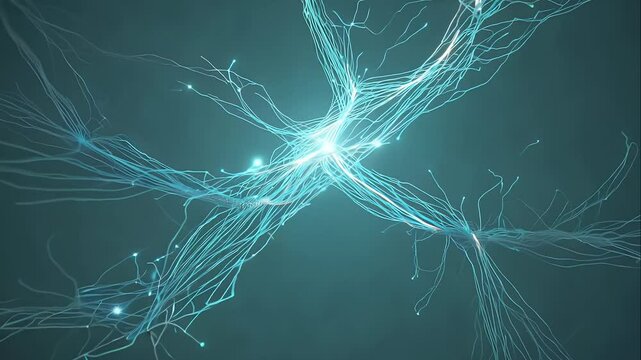 neural cell's dendrites branching out like glowing tree roots, forming synaptic connections that pulse with light in rhythmic patterns