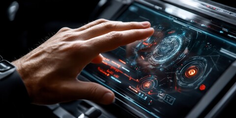 Businessman using futuristic transparent touchscreen in car for data analysis