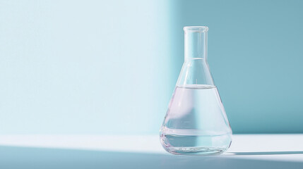 clear glass flask filled with water sits on light blue background, showcasing minimalist design and simplicity