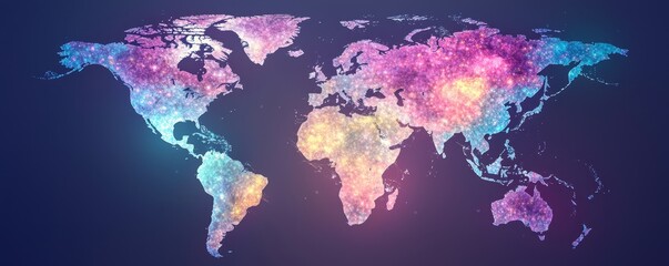 A vibrant, colorful map of the world, showcasing various regions with a blend of blues, pinks, and purples against a dark background.