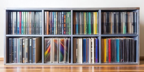 A CD box with a collection of music CDs neatly arranged on a shelf, showcasing the compact discs with various album artwork designs, album art, music collections
