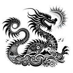 AI Generate of Mythical Dragon Shape Art Silhouette with Natural Element such as Wind, Tree, Water, Animal, Wood, Sun, Moon, isolate in white.