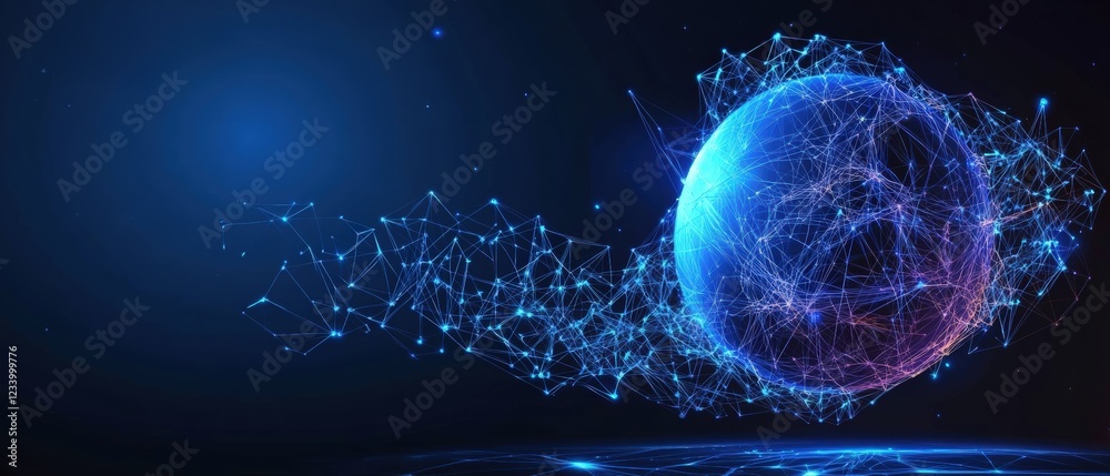 Poster abstract network technology background featuring glowing sphere and interconnected network lines