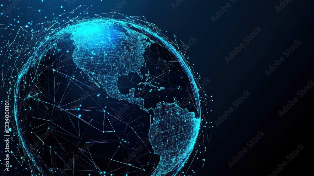 Poster globe with interconnected lines and dots representing global networking and communication technology