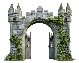 fairytale castle entrance gate adorned with enchanted carvings and lush greenery, creating magical atmosphere. stone structure features towers and intricate details, inviting exploration