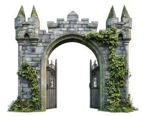 fairytale castle entrance gate adorned with enchanted carvings and lush greenery, creating magical atmosphere. stone structure features towers and intricate details, inviting exploration