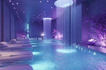 A serene spa interior featuring a tranquil pool, soothing waterfalls, and purple lighting, creating a relaxing atmosphere for wellness and rejuvenation.