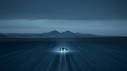 A lone vehicle drives across a vast, dark landscape under a brooding sky.  Mountains loom in the distance, adding to the desolate yet striking scene. The headlights cut through the twilight.