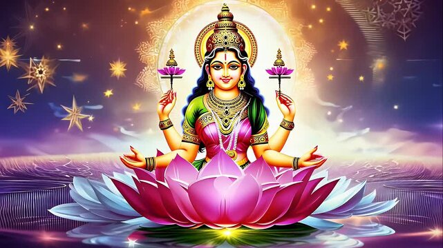 Goddess Lakshmi seated on a lotus, with sparkling stars forming an ethereal background
