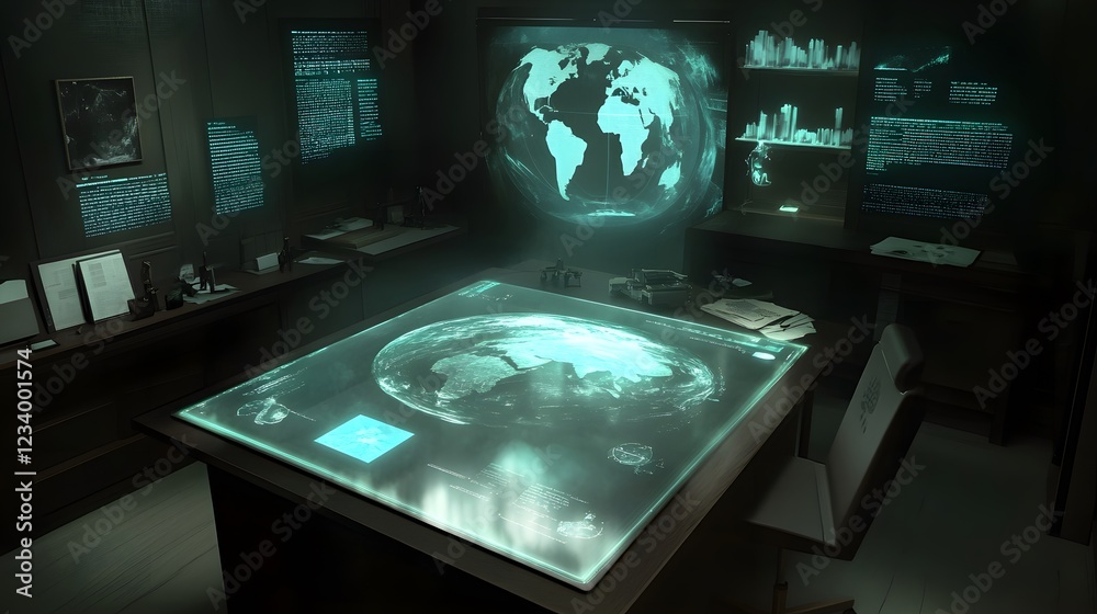 Poster futuristic command center with holographic world map on a large interactive table, surrounded by scr