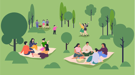 character people relaxing park summer holiday resting open-air festival nature meeting gathering outside outdoor relaxation picnic weekend leisure vector illustration