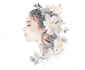 Naklejka premium Watercolor Portrait of a Serene Woman Adorned with Flowers