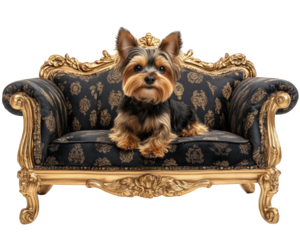 Yorkshire Terrier sitting on luxurious sofa, showcasing elegance and charm. dog appears relaxed and content, embodying regal presence in lavish setting