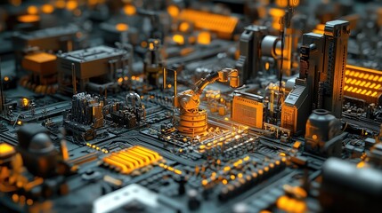 Surreal D robotics environment with glowing sensors, robotic arms, and futuristic digital circuits forming a modern tech copy space.