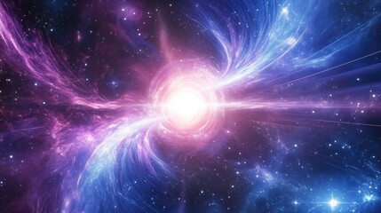 Fototapeta premium Surreal cosmic nebula with glowing purple and blue energy waves, forming a dreamy futuristic background with copy space.