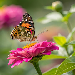 Close-up shot of a butterfly on a bright pink flower