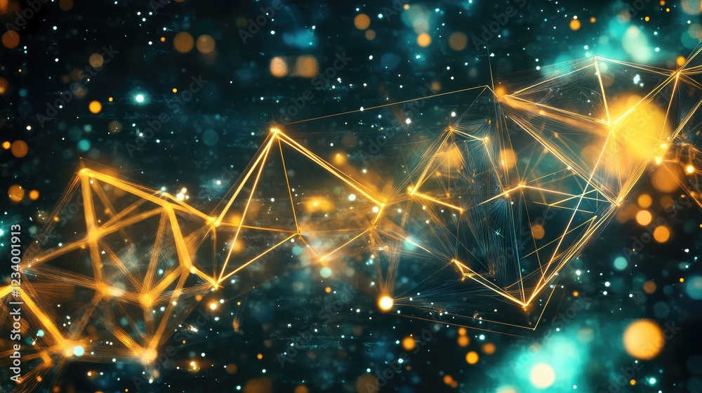 Poster surreal futuristic background with neon-glowing circuit patterns, floating geometric shapes, and pul