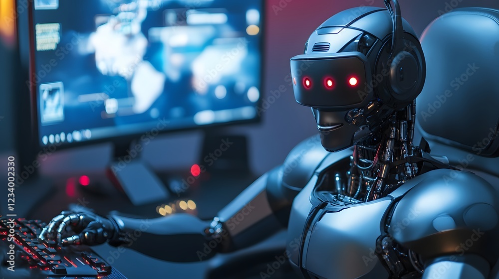 Poster a futuristic robot with a headset and vr glasses uses a computer. the screen displays a complex digi