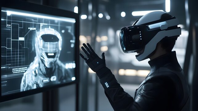 A futuristic scene depicting a person wearing a VR headset and glove, interacting with a holographic display showing a 3D scan of a helmeted figure. Sci-fi technology and virtual reality concept.