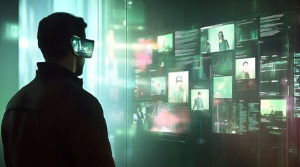 A man wearing futuristic glasses observes a large digital screen displaying various data streams, videos, and code. The scene is set in a sleek, modern environment with a dark, tech-forward aesthetic.