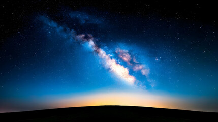 Fototapeta premium Milky Way galaxy over horizon at night, stargazing landscape