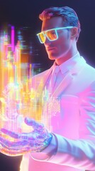 A stylish individual in a futuristic setting, wearing neon glasses and a suit, holds glowing digital elements in their hands, radiating a vibrant, high-tech aura.