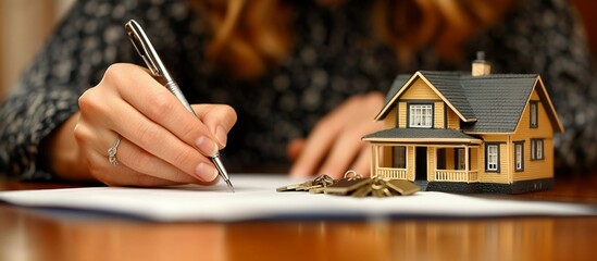 Woman signing documents for home purchase with model house and keys on table