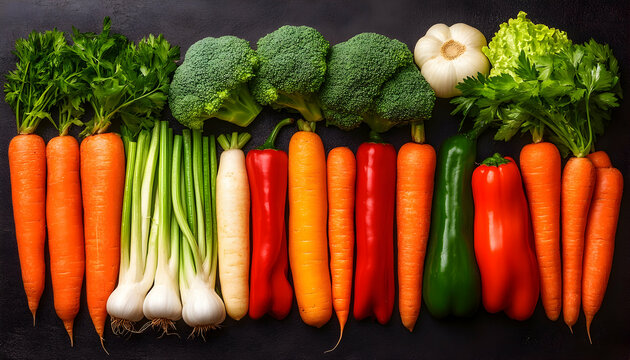 Photo: Vibrant Vegetable Variety Carrots Broccoli Peppers Parsley Garlic on Black Background