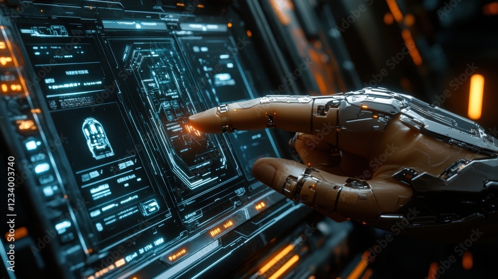 Poster robot hand interacting with a futuristic digital interface displaying various technological elements