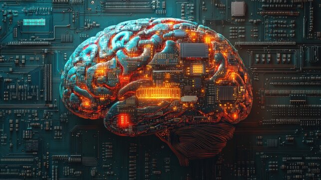 Brain with a circuit board embedded in the center representing technology and intelligence concepts