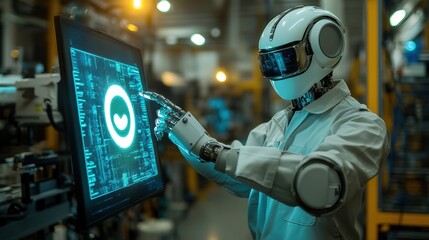 Robot working on a computer in a modern office environment with technology and automation