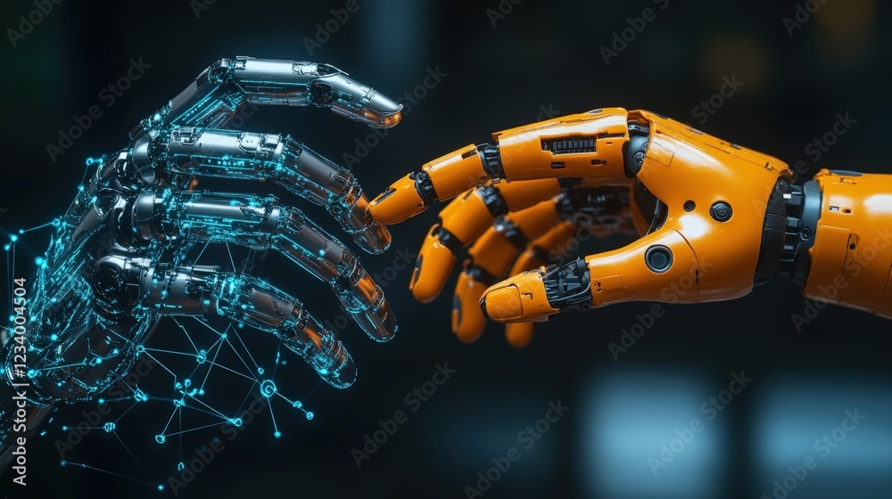 Poster robotic hand reaching out to connect with another robotic hand in a technological setting