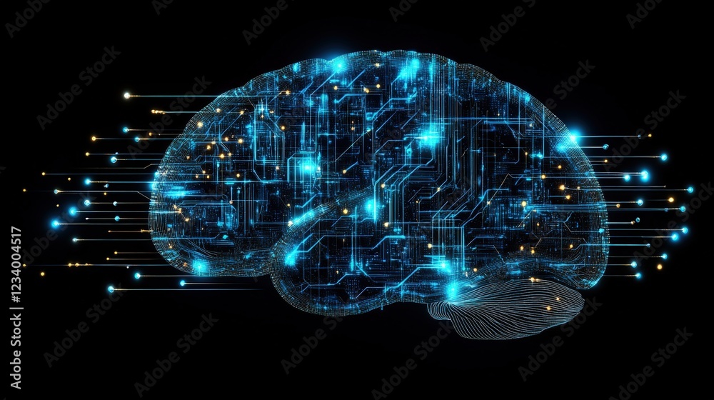 Poster brain with circuit lines representing technology and artificial intelligence concepts