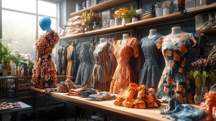 Display of colorful dresses and hats on shelf in retail store interior