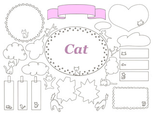 ネコの手描きフレームと吹き出しのセット