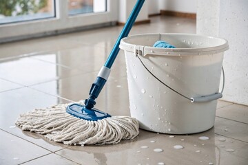 Mop and bucket for cleaning floors in bright indoor space