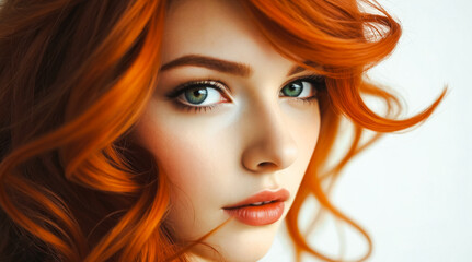 Fototapeta premium Portrait of a charming beauty with beautiful big eyes and red hair. The model poses in front of the camera close-up.