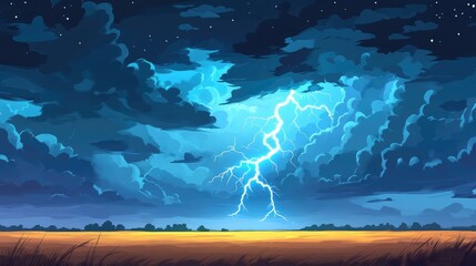 Lightning bolts striking through dark storm clouds over a wide, flat prairie, creating a dramatic and powerful scene